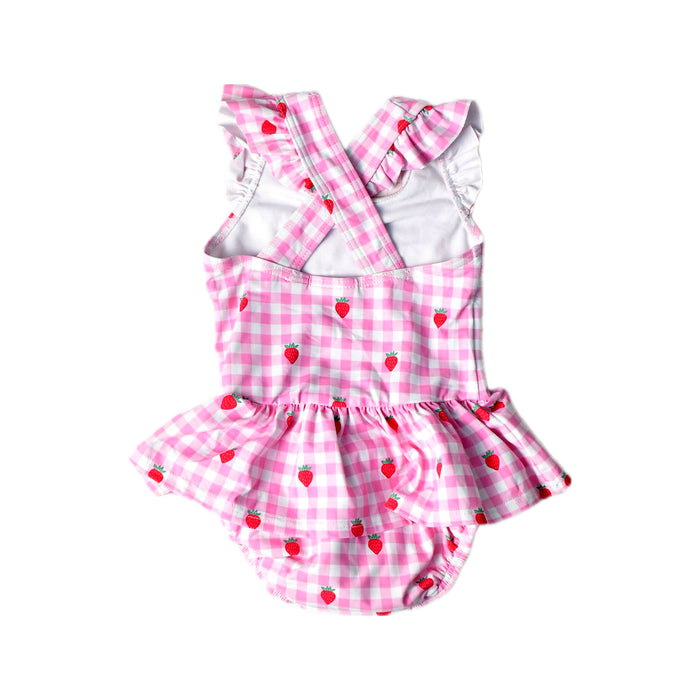 A Pink Swimsuits from Jojo Maman Bébé in size 6-12M for girl. (Back View)