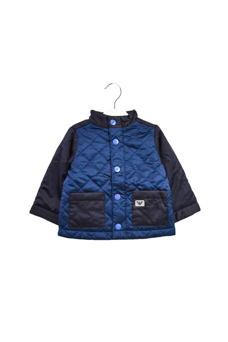 A Navy Puffer/Quilted Jackets from Armani in size 3-6M for boy. (Front View)