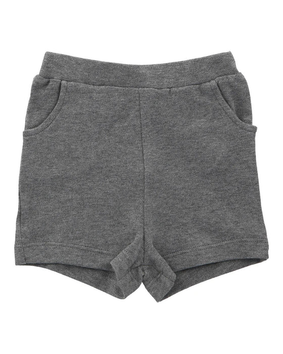 A Grey Shorts from Hunter + Boo in size 6-12M for neutral. (Front View)