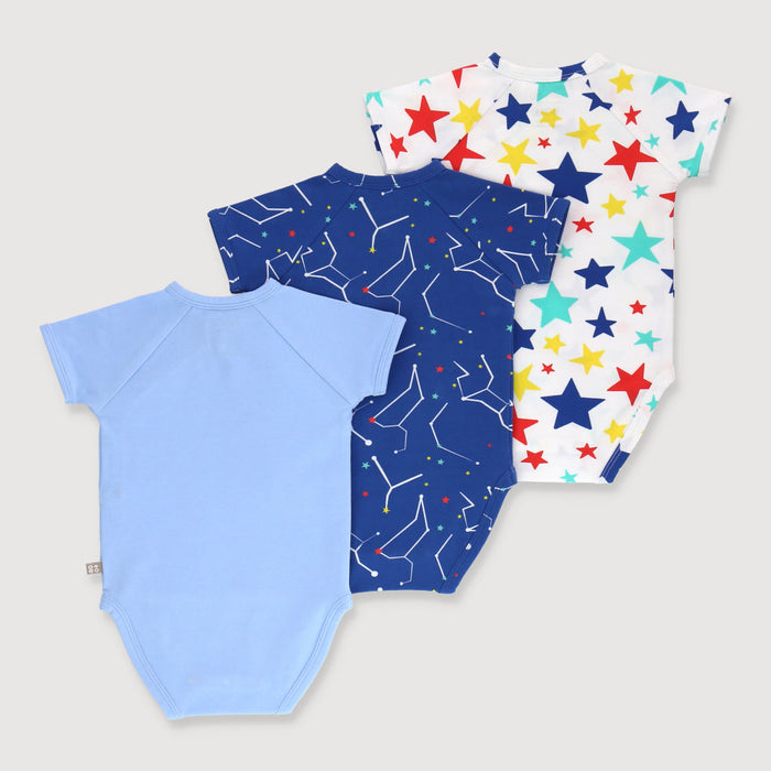 Little Explorer Baby Short Sleeve Kimono Romper 3 Pc Bundle (Blue)