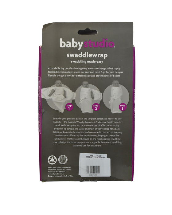 A White Swaddles from Babystudio in size 0-3M for neutral. (Back View)