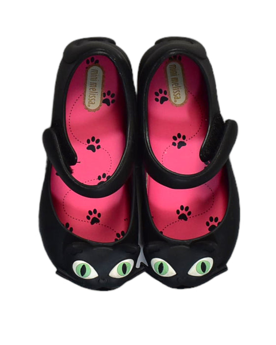 A Black Flats from Mini Melissa in size 4T for girl. (Back View)