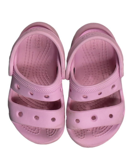 A Pink Sandals from Crocs in size 3T for girl. (Back View)
